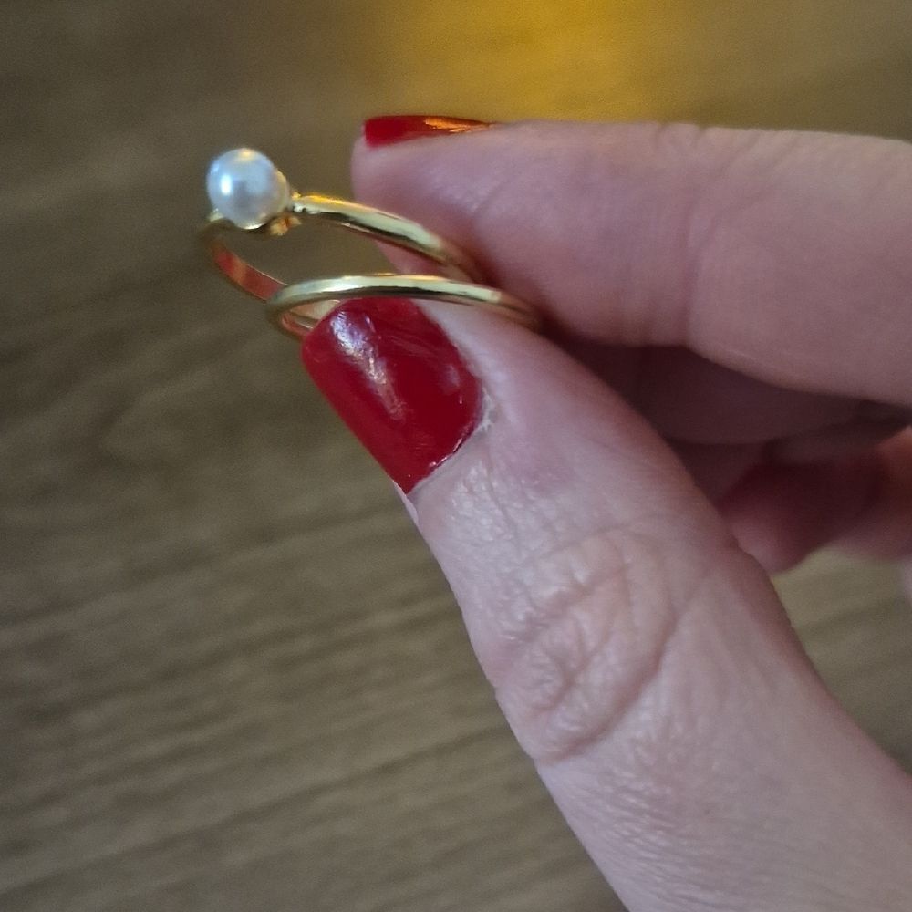 💥$5 BUNDLE♡ Dainty Gold-Plate Faux Pearl 2-Ring Set Adjustable Ring Sz 6